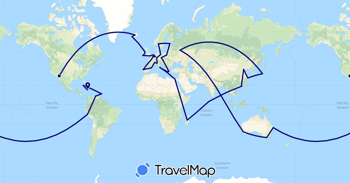 TravelMap itinerary: driving in Austria, Australia, Barbados, Belgium, Switzerland, China, Cuba, Czech Republic, Germany, Denmark, Egypt, Spain, Finland, France, United Kingdom, Greece, Ireland, Iceland, Italy, Jamaica, Japan, Saint Lucia, Madagascar, Netherlands, Norway, New Zealand, Peru, Poland, Portugal, Russia, United States, Vatican City, Venezuela (Africa, Asia, Europe, North America, Oceania, South America)